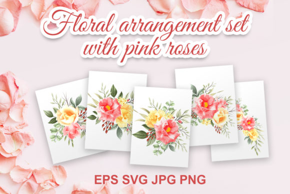 Floral Arrangement Set with Pink Roses: Elevating Visual Projects with Versatile Line Art
